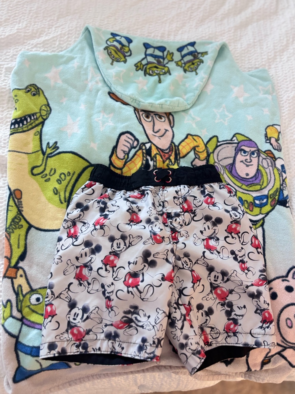 Boys swim trunks and hooded towel